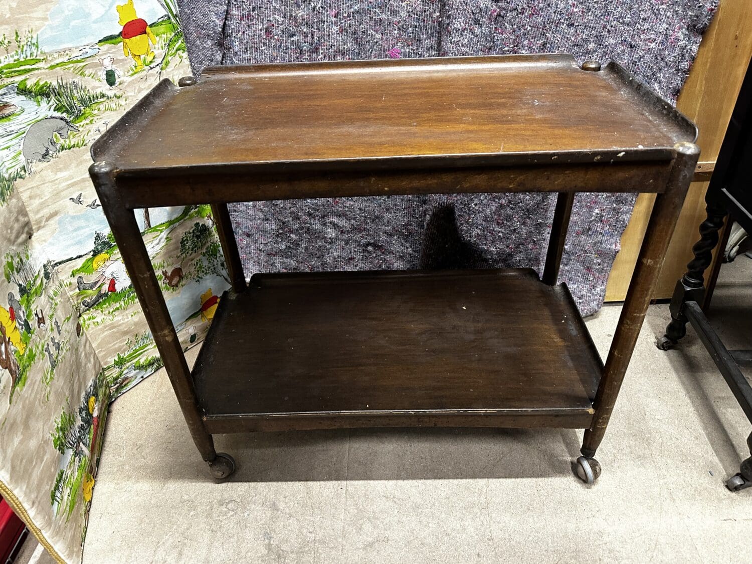 THB10863 tea trolley teak with teak veneer curved removable trays to