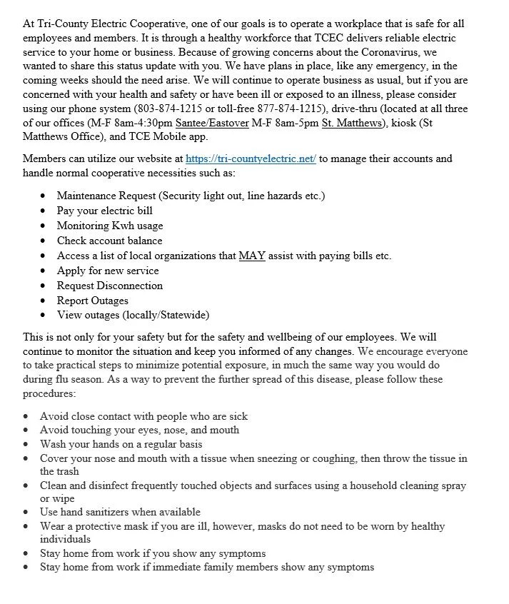 CEO CORONAVIRUS (COVID19) Update! TriCounty Electric Cooperative