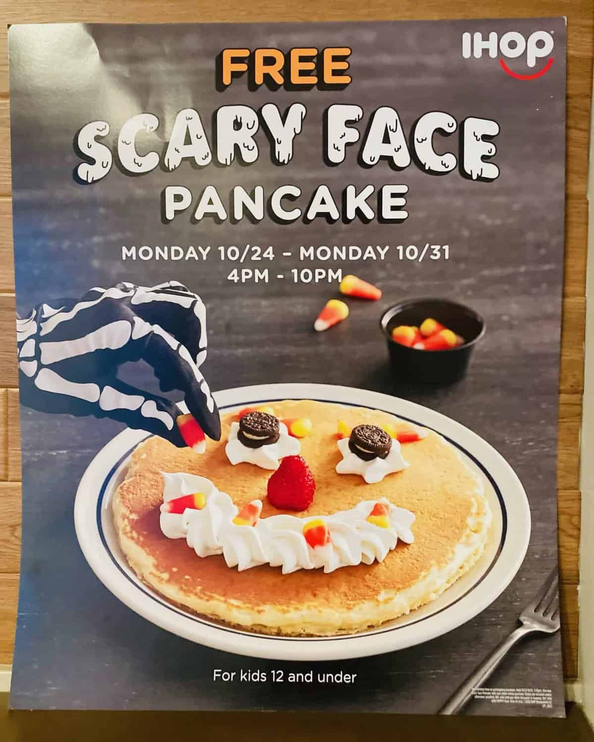 IHOP Free Scary Face Pancake for kids Oct 24 to 31 Triangle on the Cheap