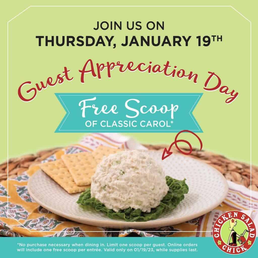 Chicken Salad Chick Free scoop on Guest Appreciation Day Jan 19