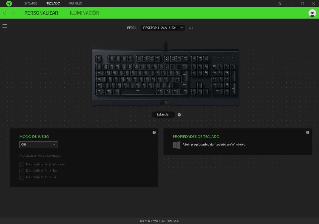 Imagen del Razer Synapse gestionando el teclado Cynosa