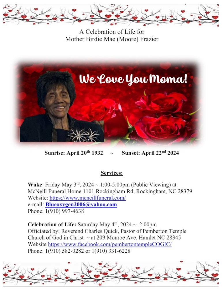 Birdie Mae Craig MooreFrazier 2024 McNeill Funeral Home