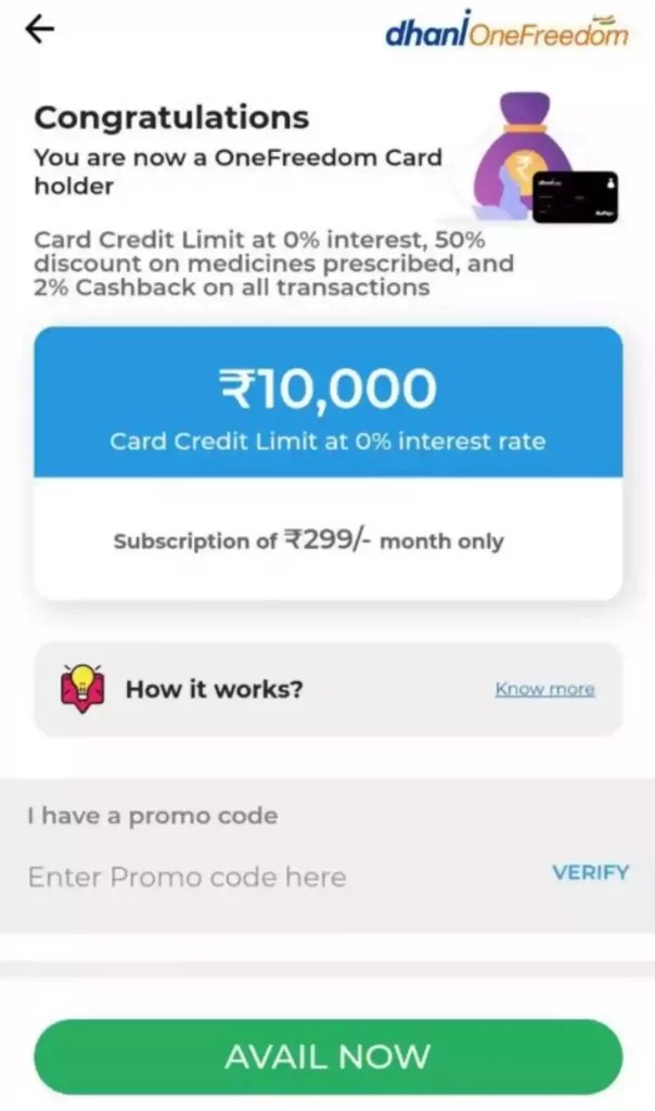 Dhani One Freedom Card Promo Code Cashback Rs.400 Instant
