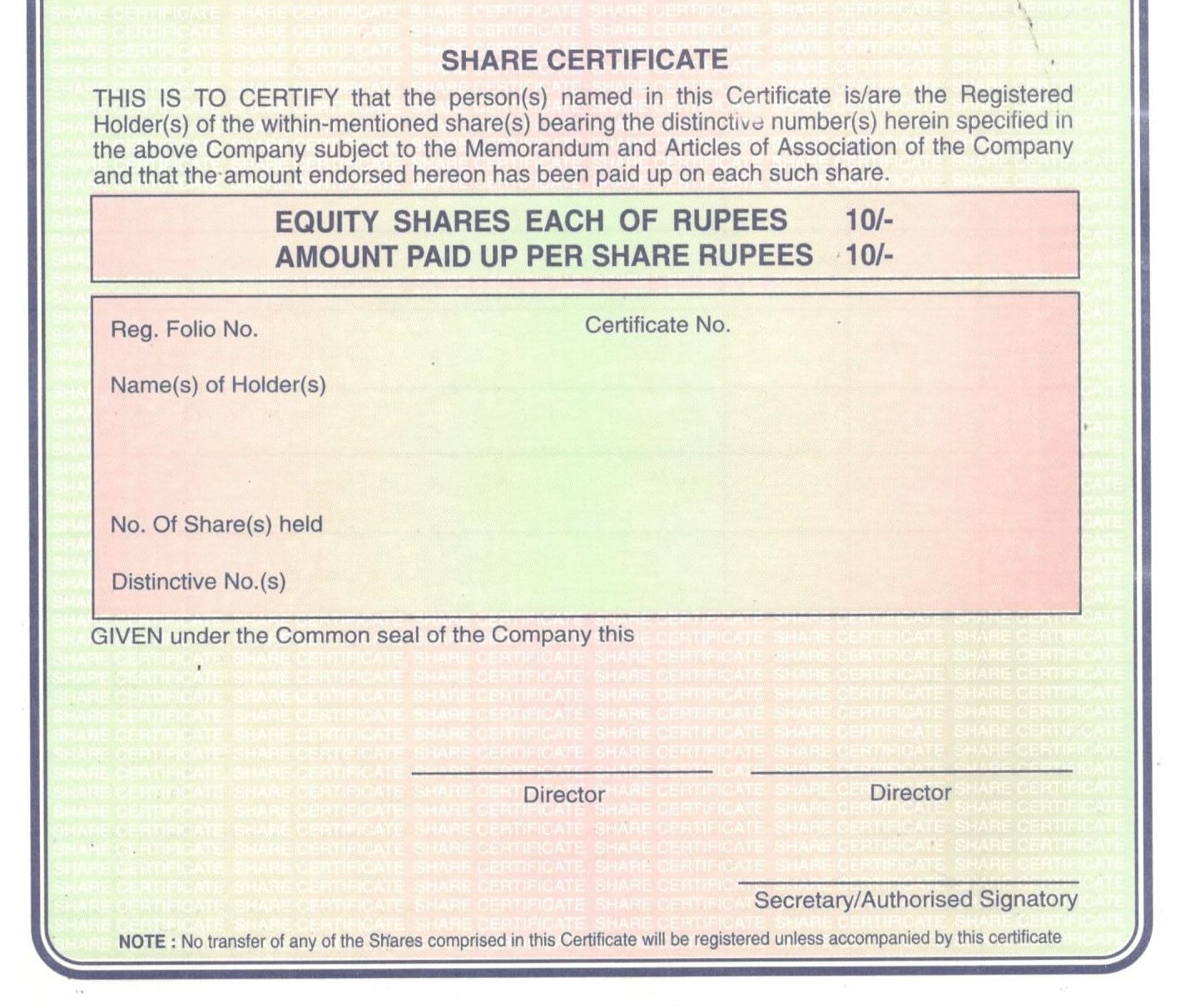 Share Certificate under Companies Act 1956 Triokart