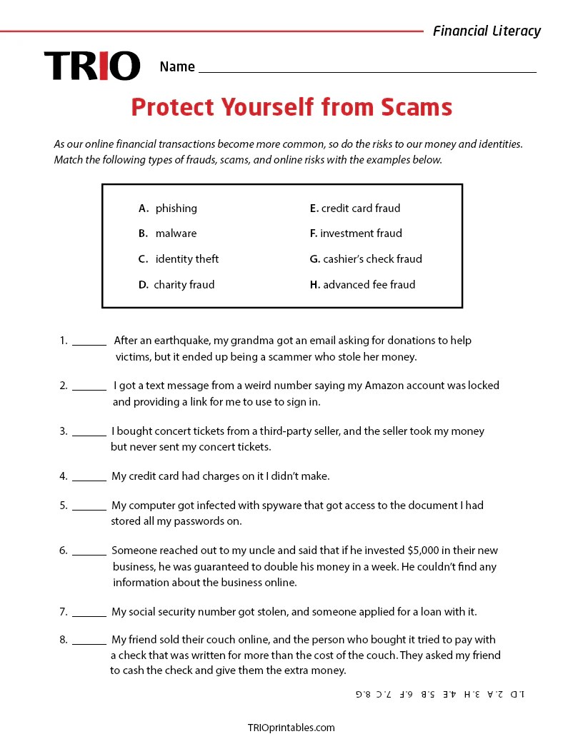 Protect Yourself from Scams Activity Sheet TRIO Printables