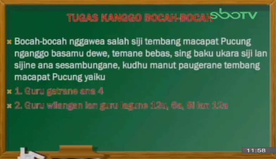 Berikut penjelasan mengenai aturan guru gatra, guru lagu dan guru wilangan dari tembang sinom. Jawaban Soal Sbo Tv 29 September Kelas 1 2 3 4 5 6 Sd