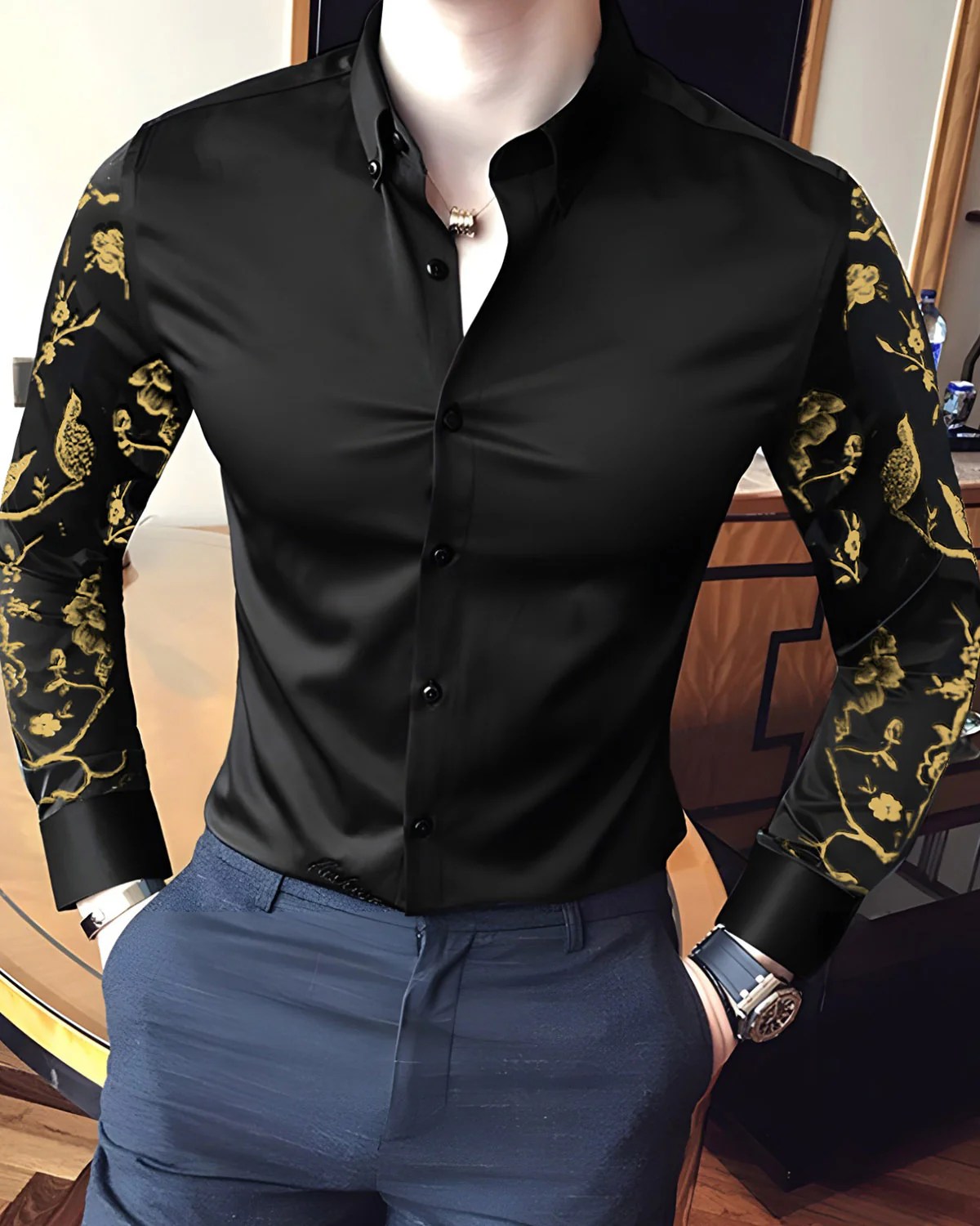 Sleeve Printed Party Wear Black Shirt TRIPR