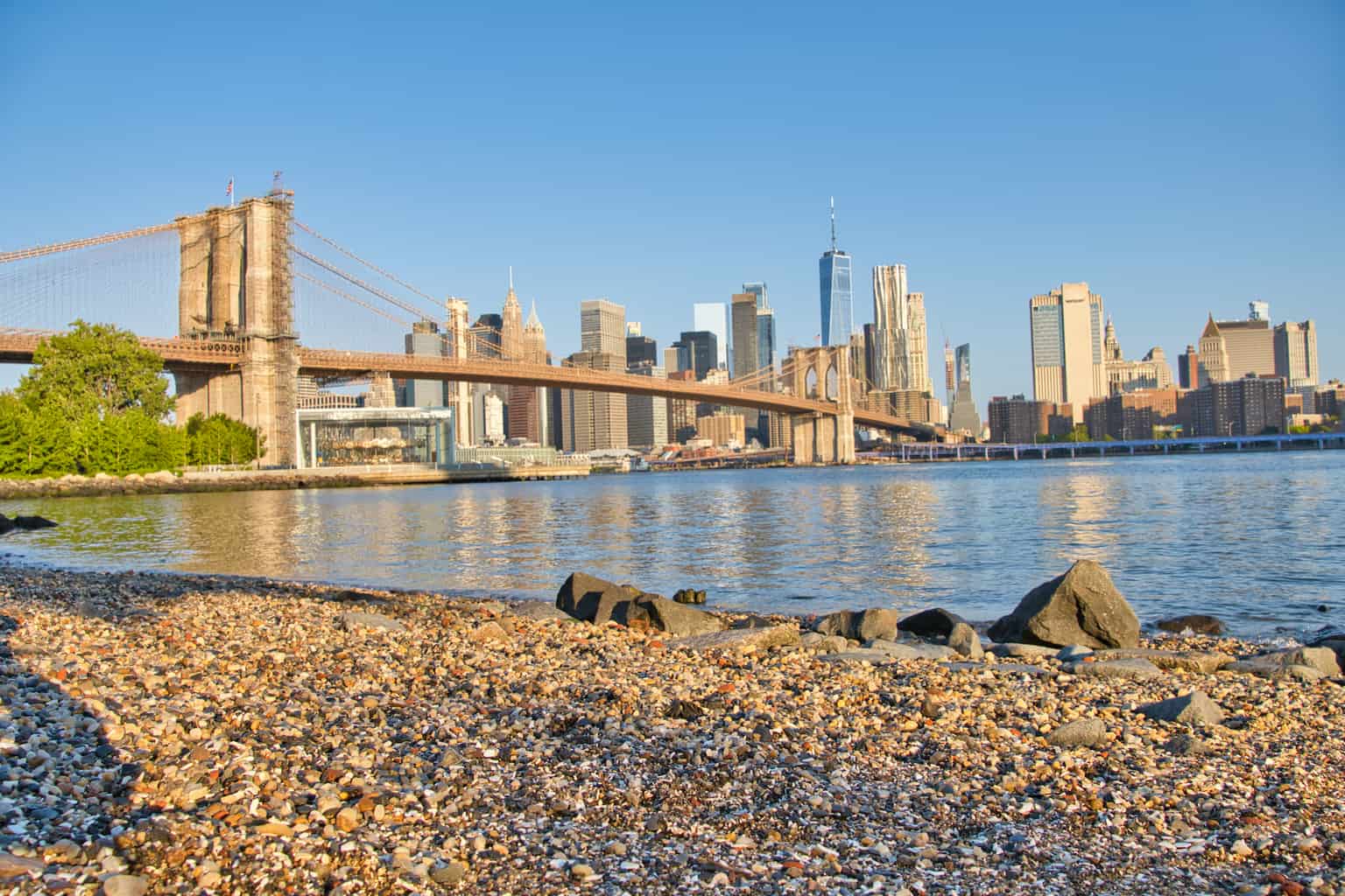 Visiting Pebble Beach at Brooklyn Bridge Park Dumbo NYC Skyline Views