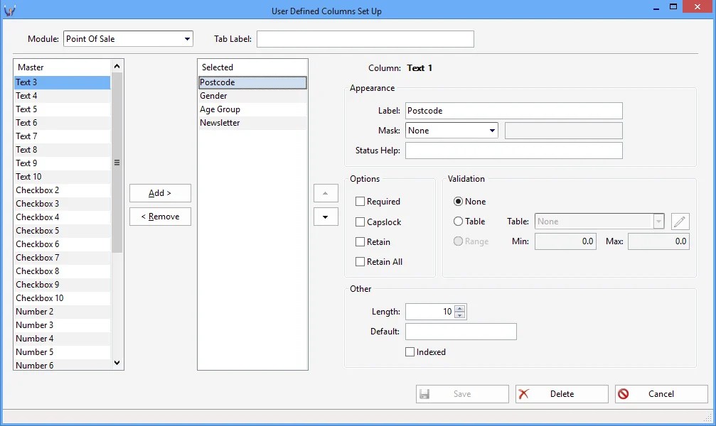 How do I add User Defined Columns to the Point of Sale Transaction Lookup? Triumph Business