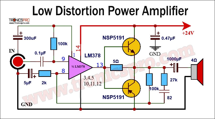 Low Distortion Power Amplifier Circuit Diagram - TRONICSpro