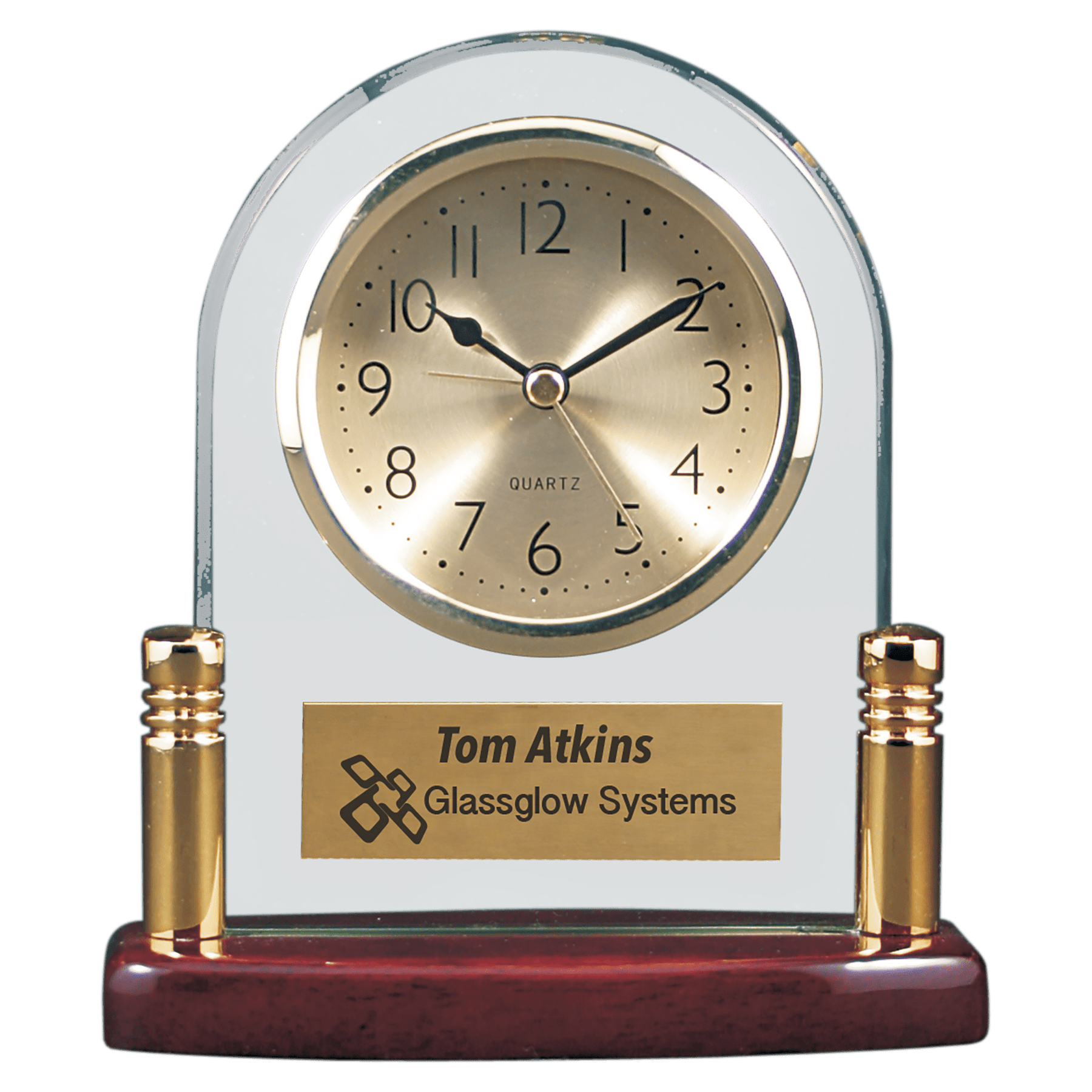 Arch Glass Clock with Posts & Rosewood Finish Base Trophy King of Ramsey