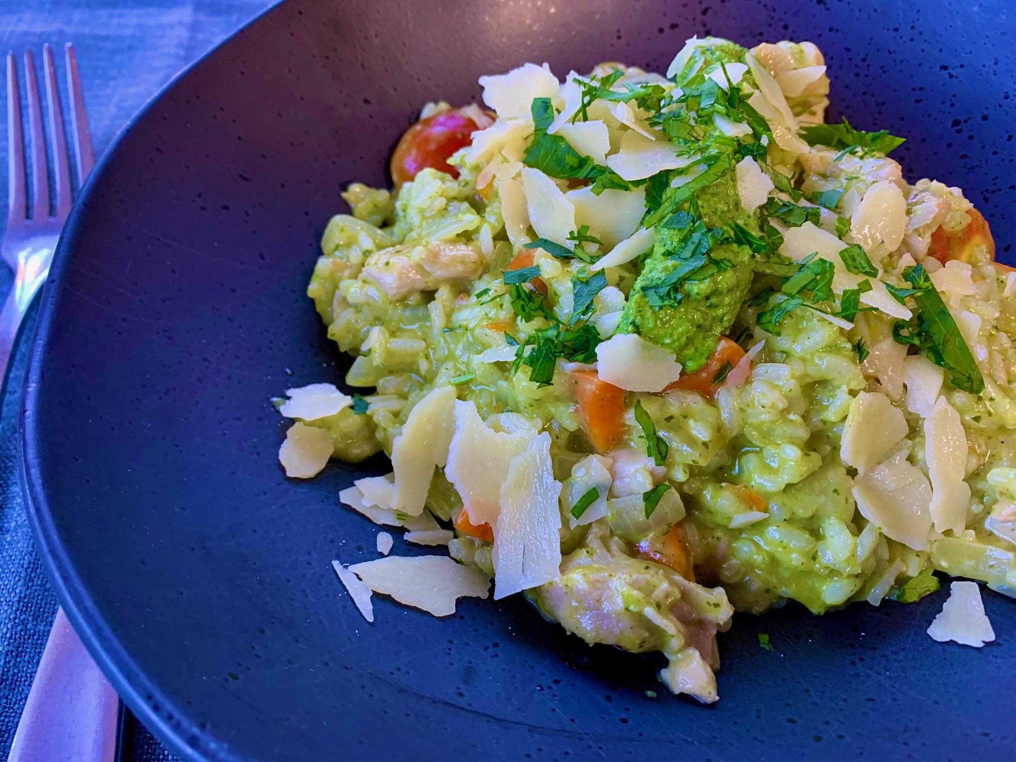 🍗 Creamy Chicken, Pesto and Tablelands Heirloom Cherry Tomato Risotto