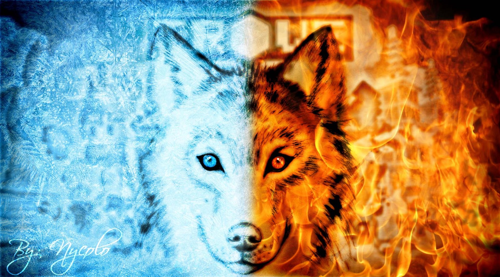 Digiwolf Ice and fire mix art Art by Nycolo Trovesaurus