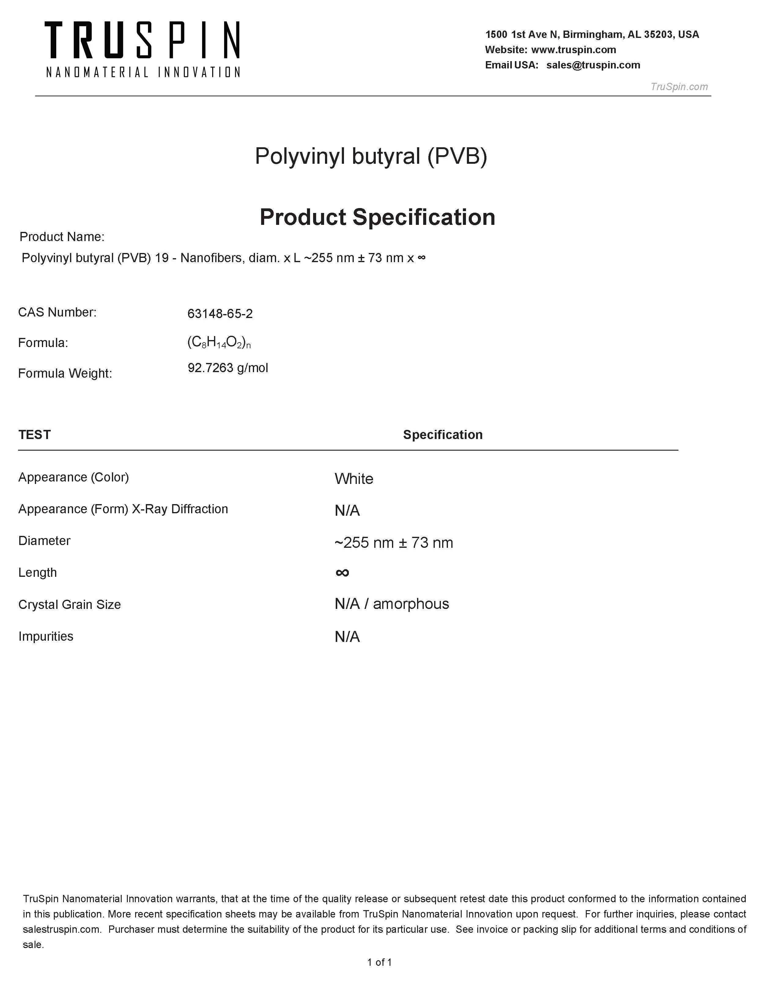 Polyvinyl butyral (PVB) Nanofibers TruSpin Nanomaterials