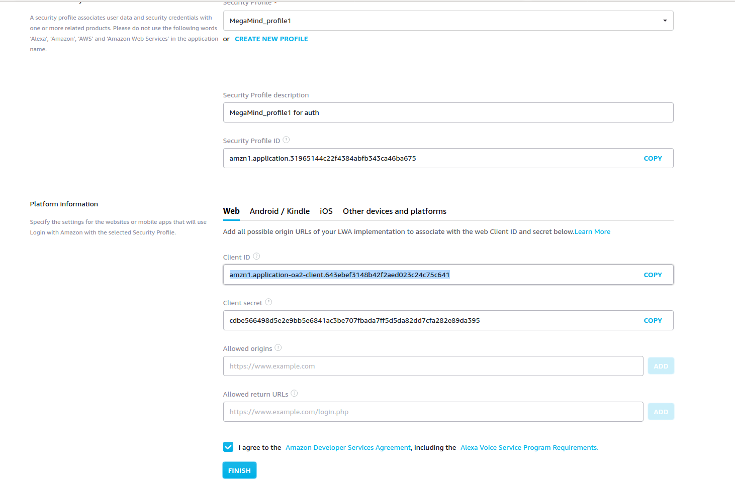 Create Amazon developer account and register a device with it