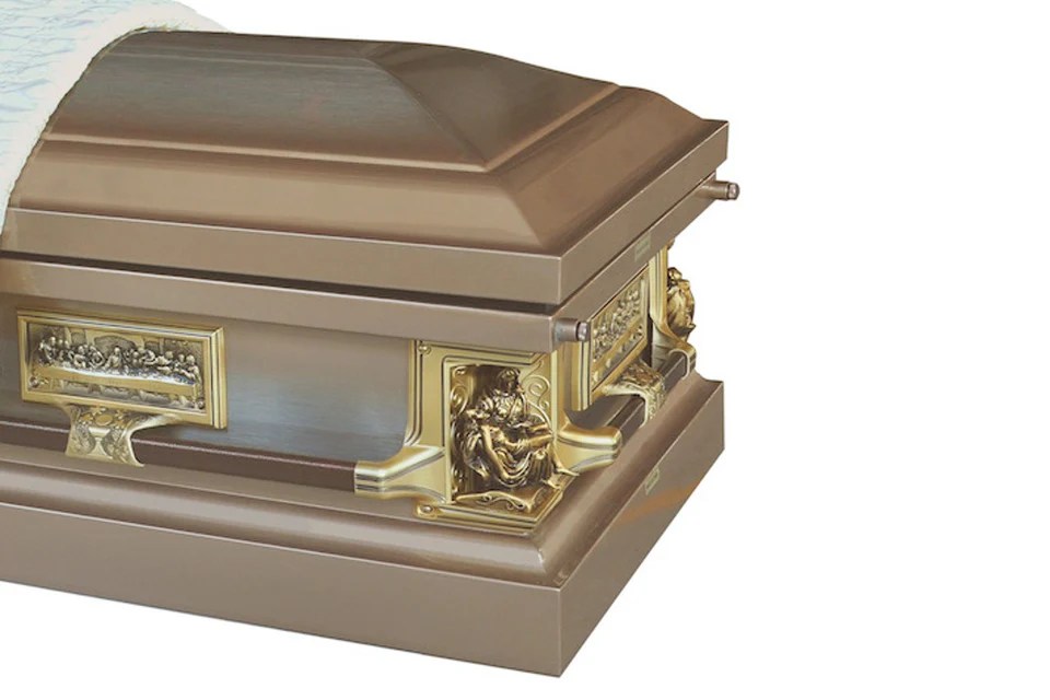 Pieta Copper Casket Brushed Steel with Rosetan Interior Trusted Caskets