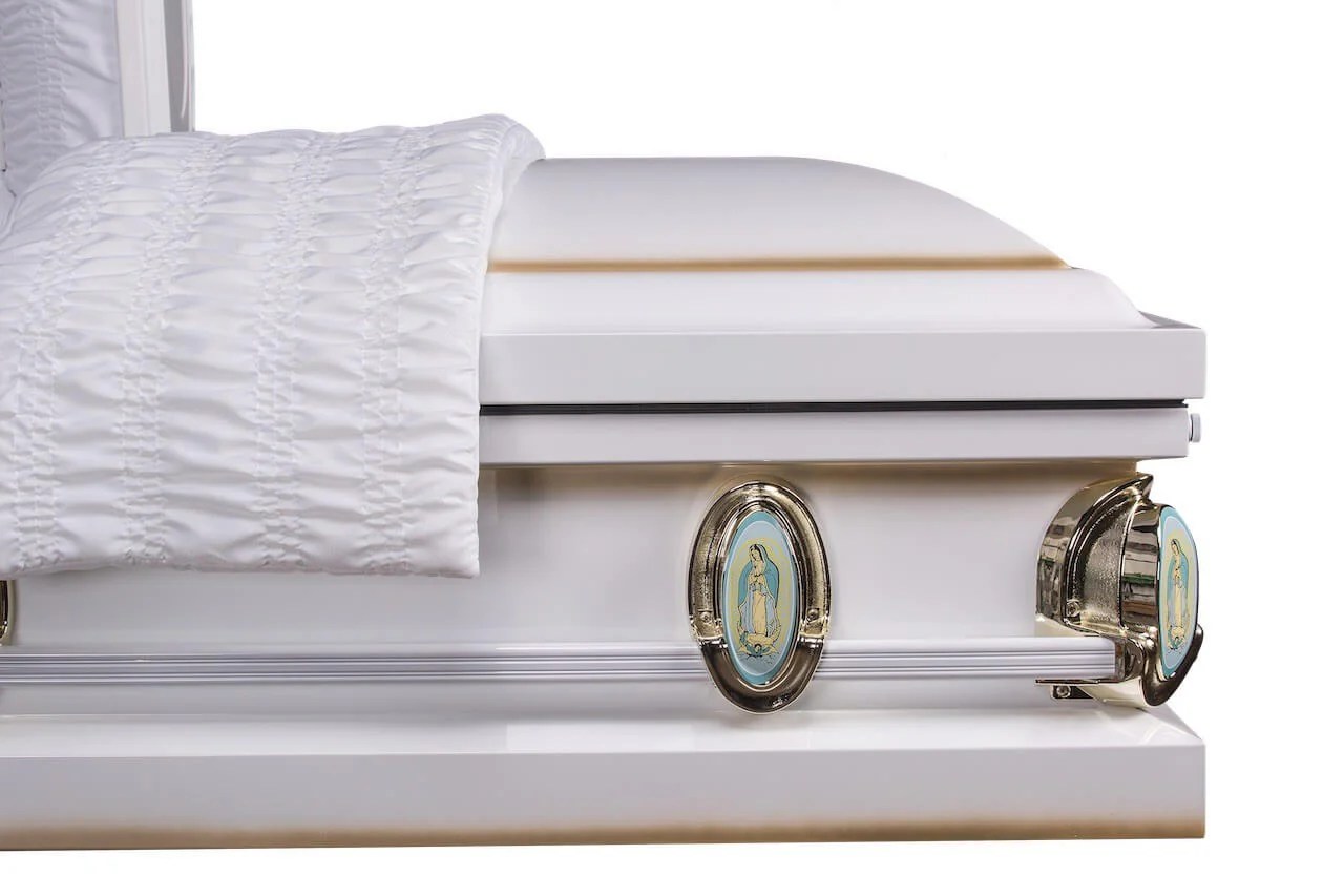 Funeral Casket "Our Lady" White and Gold Finish with White Interior