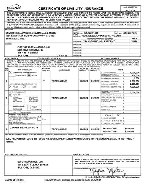 Proof of Insurance TRUSTED MOVERS