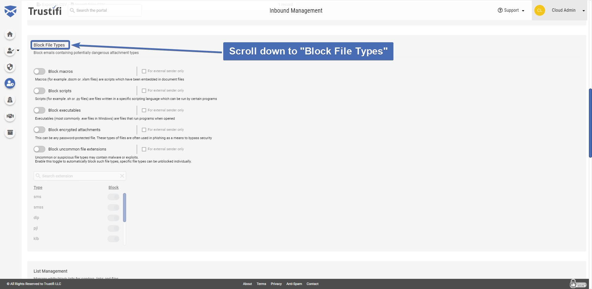 Block File Types Trustifi