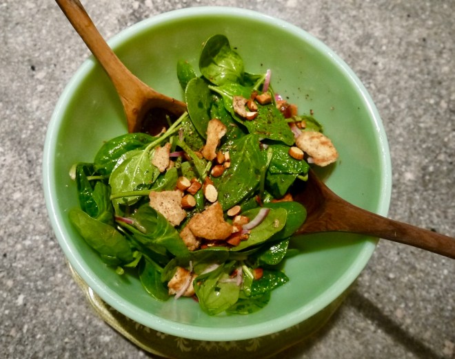 Baby Spinach Salad with Dates, Almonds and Toasted Pita Trust in Kim