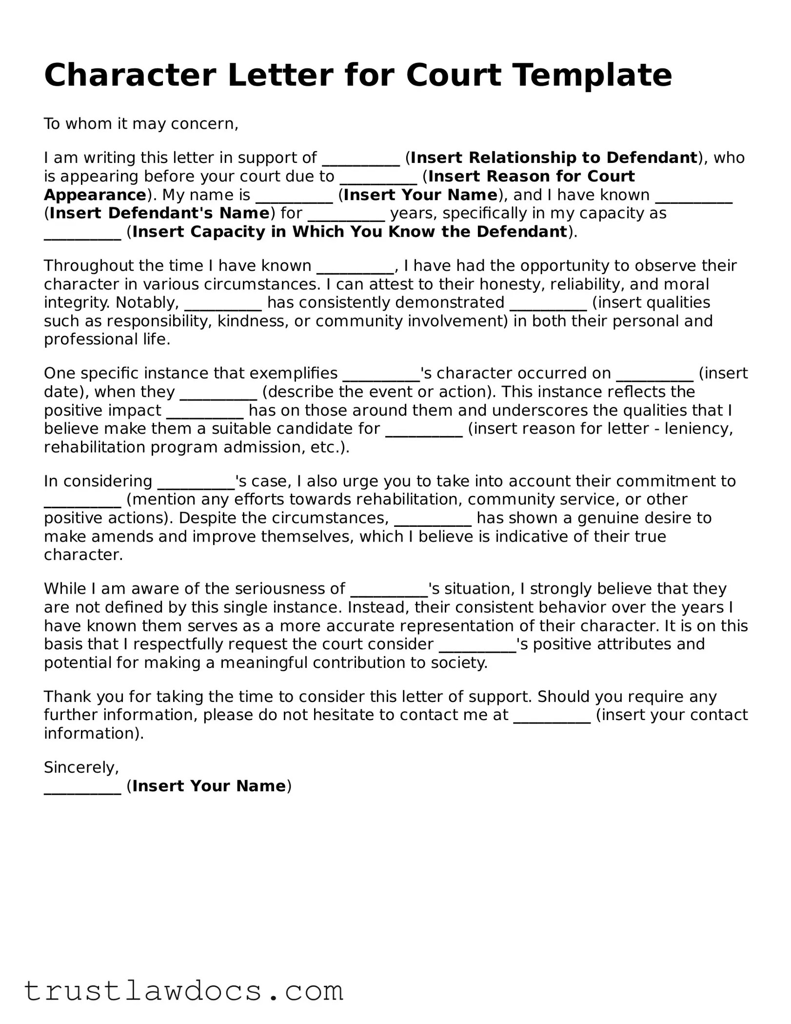 Free Character Letter for Court PDF Form > trustlawdocs.com