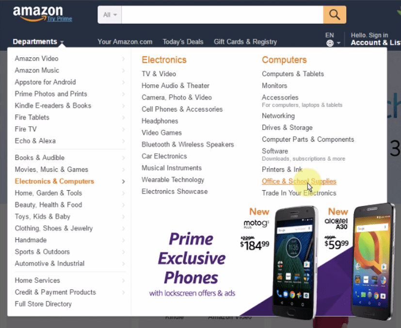 Amazon Departments dropdown Trymata