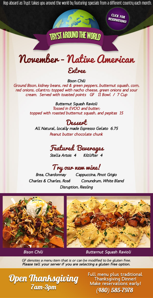 Native American November Menu Tryst Cafe