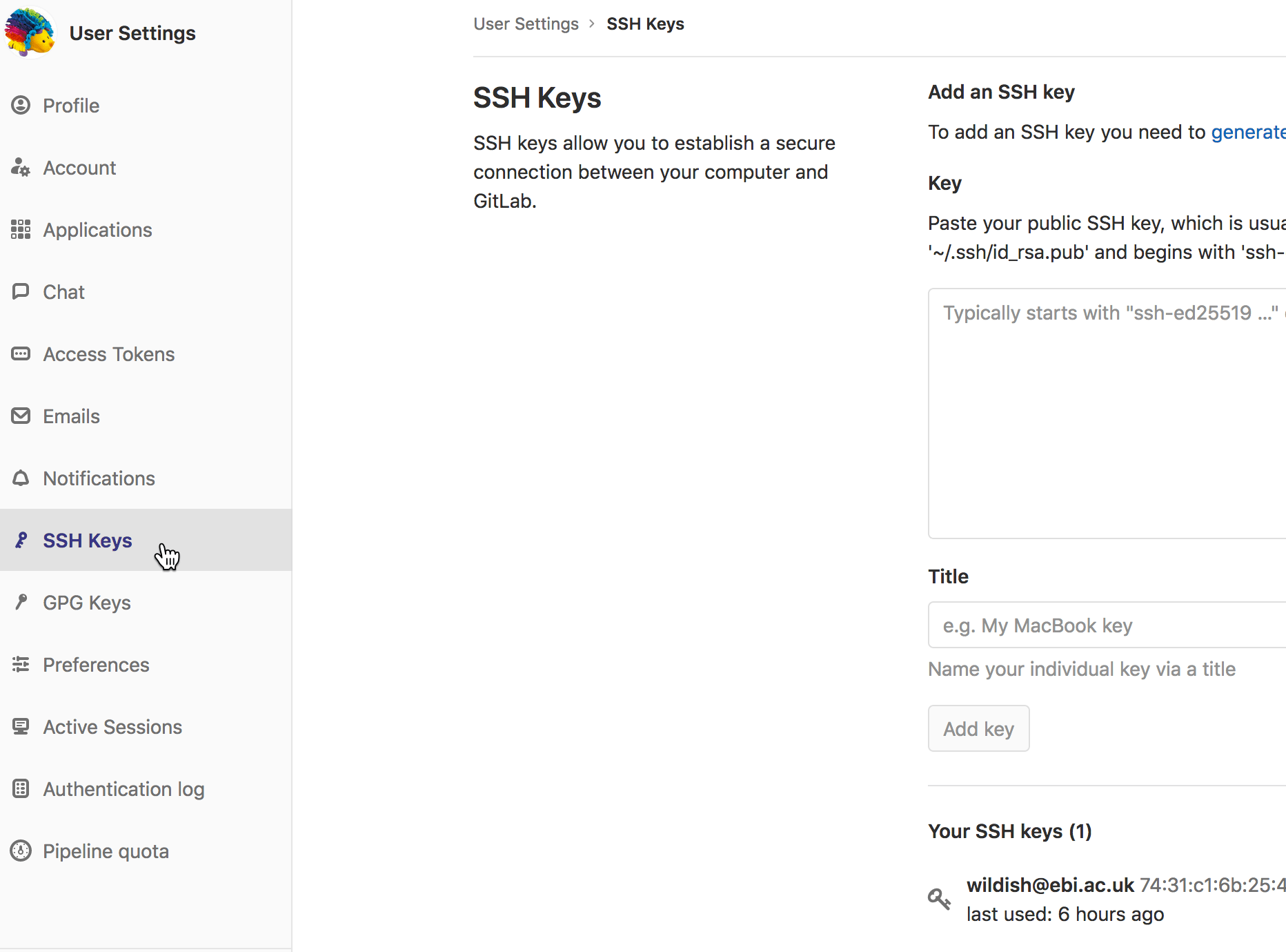 Exercise 1 Log into gitlab, set up your SSH key — tsicc 1.0 documentation