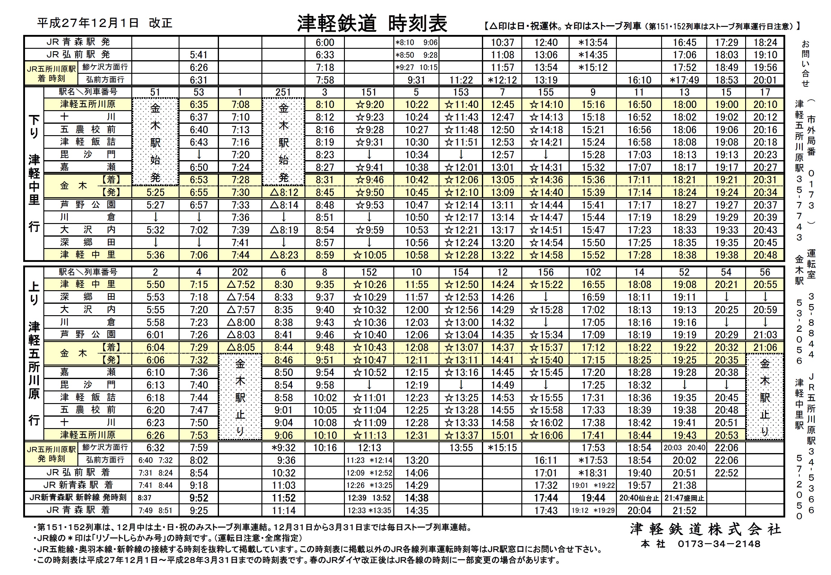 平成27年12月1日からの運行時刻について（再掲） 津軽鉄道 株式会社