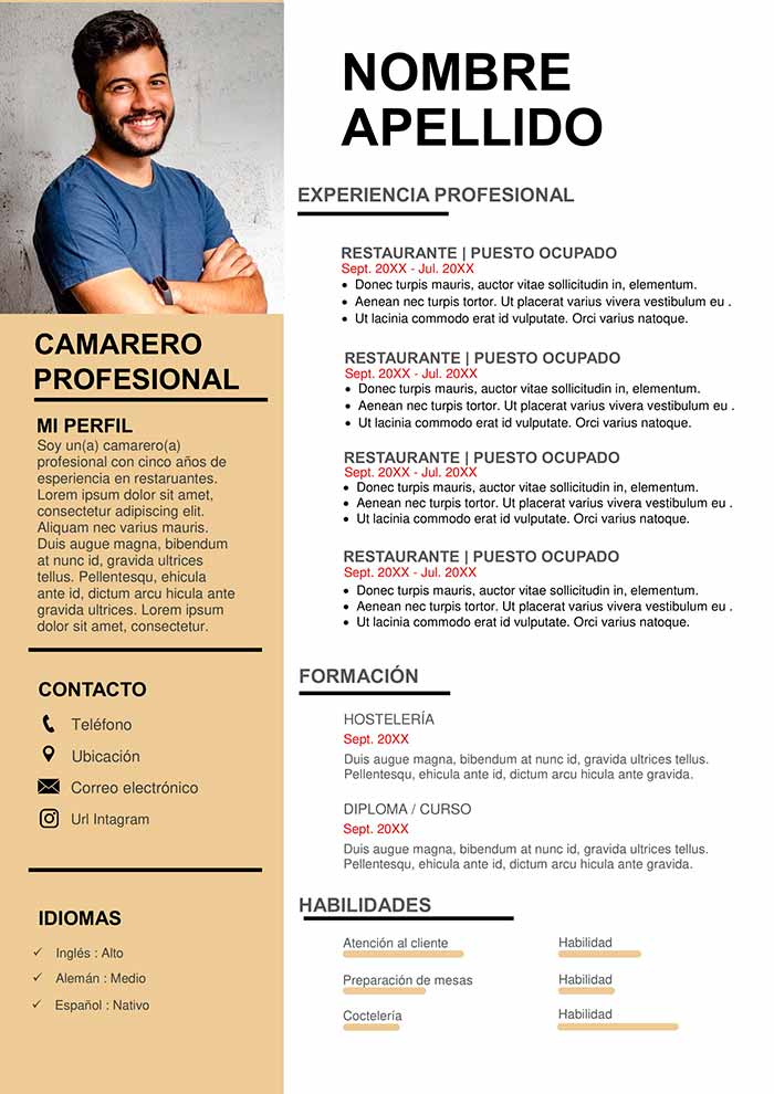 ᐉ Ejemplo de Currículum camarero Plantilla + Guía