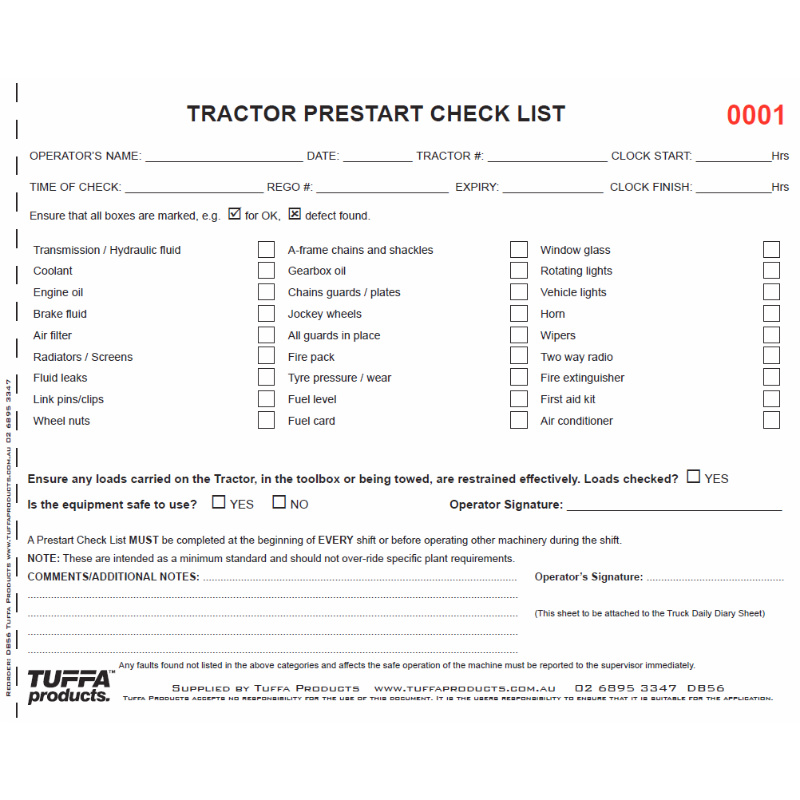 Tractor Prestart Checklist Books TUFFA Products