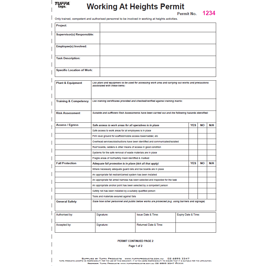 Working At Heights Permit Book TUFFA Products