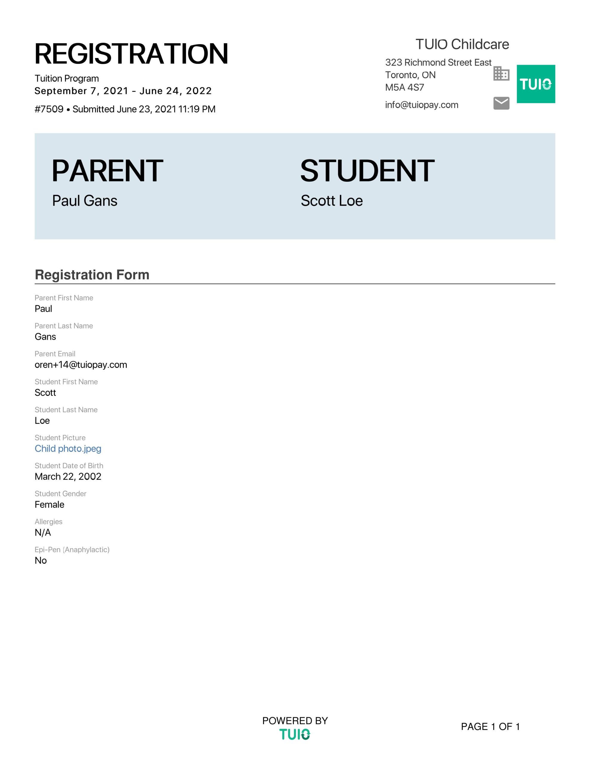Free Student Registration Form TUIO