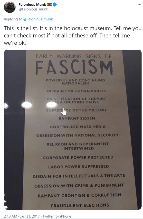 Some Early Warning Signs of Fascism