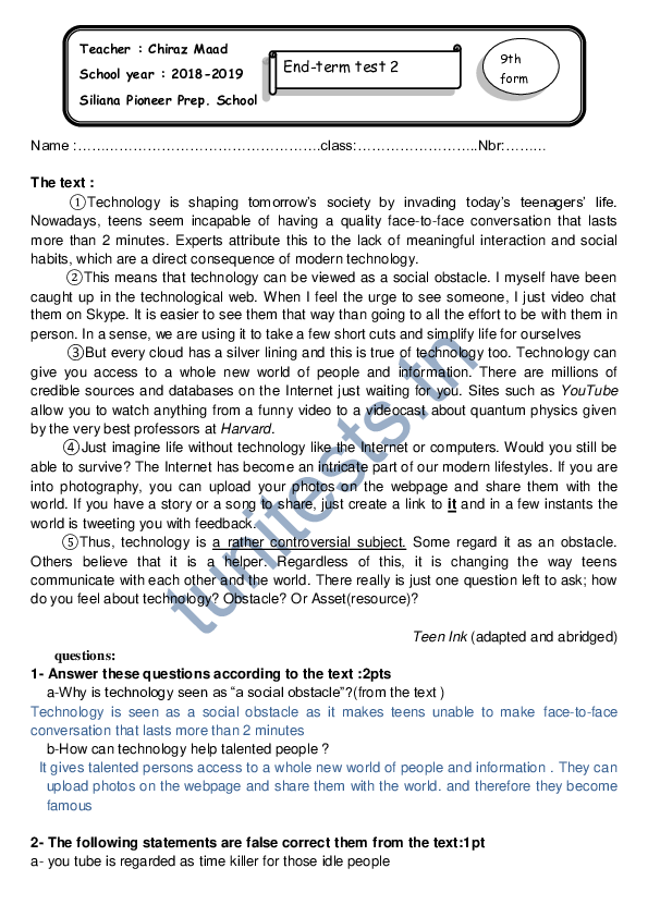 tunitests.TN Devoirs Anglais 9ème année de base