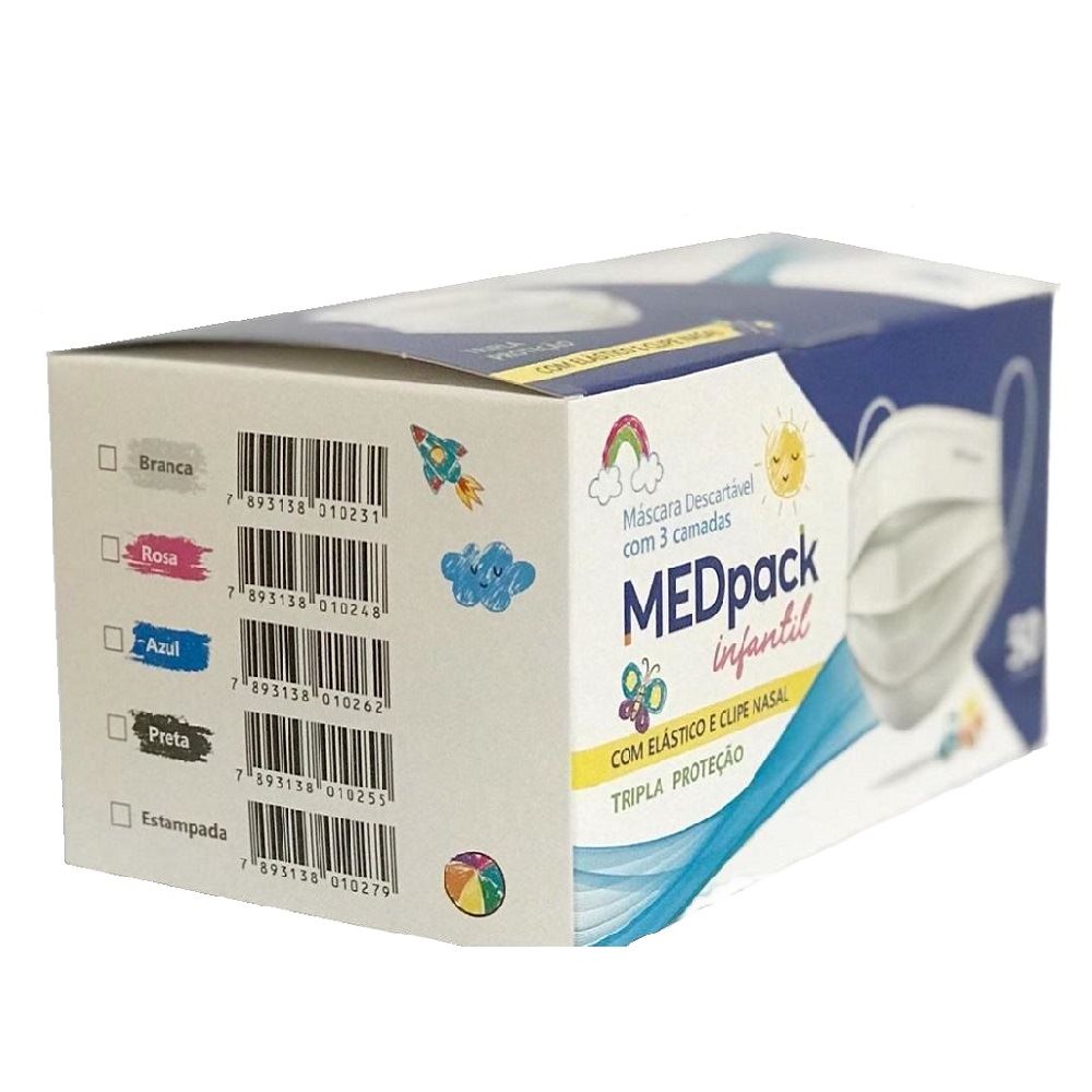 Mascara Descartável Infantil Tripla Camada com 50 Peças Medpack Branca