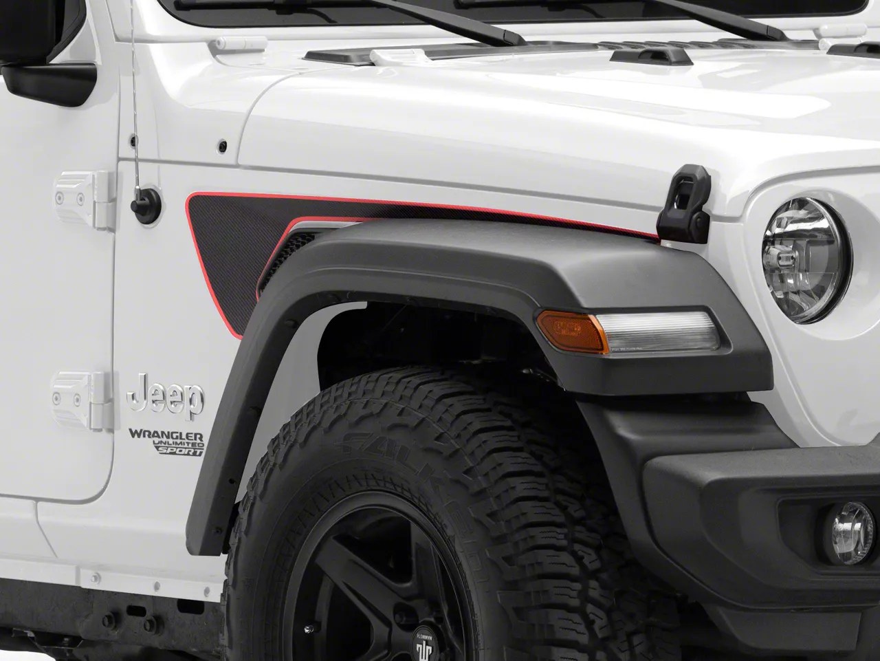 SEC10 Jeep Wrangler Long Side Accent Decal; Black/Red Carbon Fiber