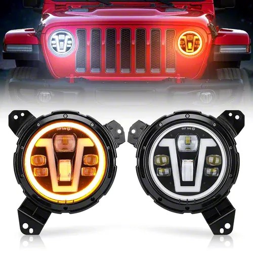 Jeep Gladiator V Type LED Halo Headlights with White DRL and Amber Turn Signals; Black Housing