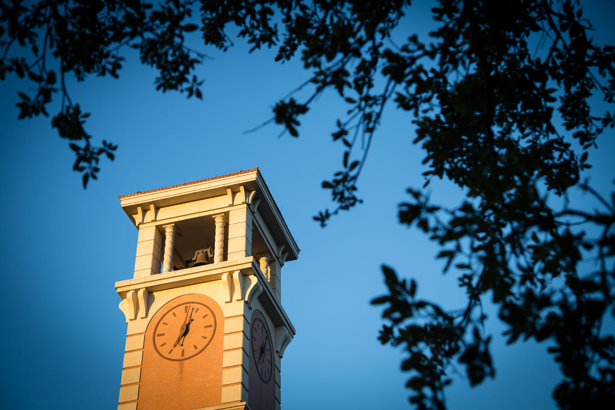 The clocktower rises above the University of South Alabama campus in Mobile, Alabama.