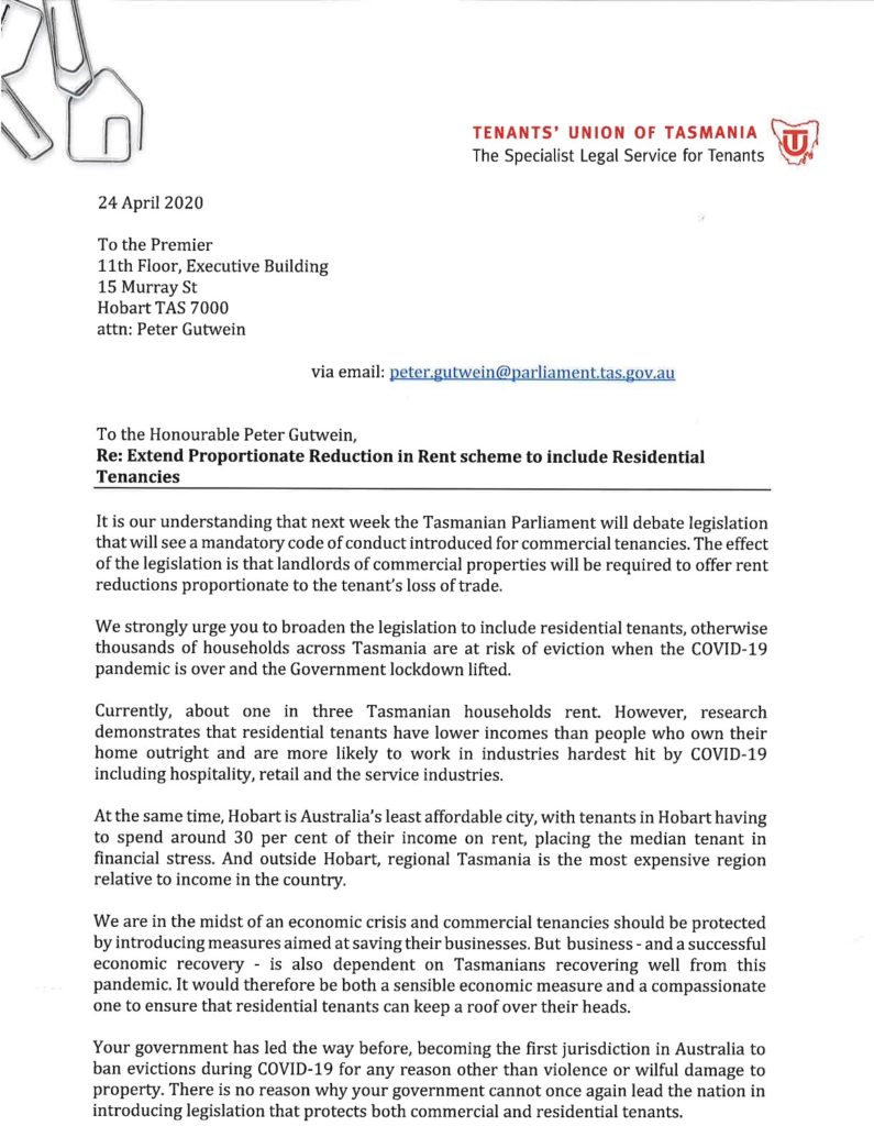 Call to broaden rent reduction legislation Tenants' Union of Tasmania