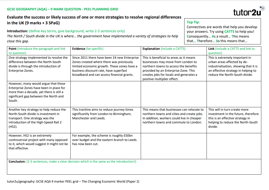 PEEL 9 Mark Question Planning Grid AQA GCSE Geography Paper 2 The