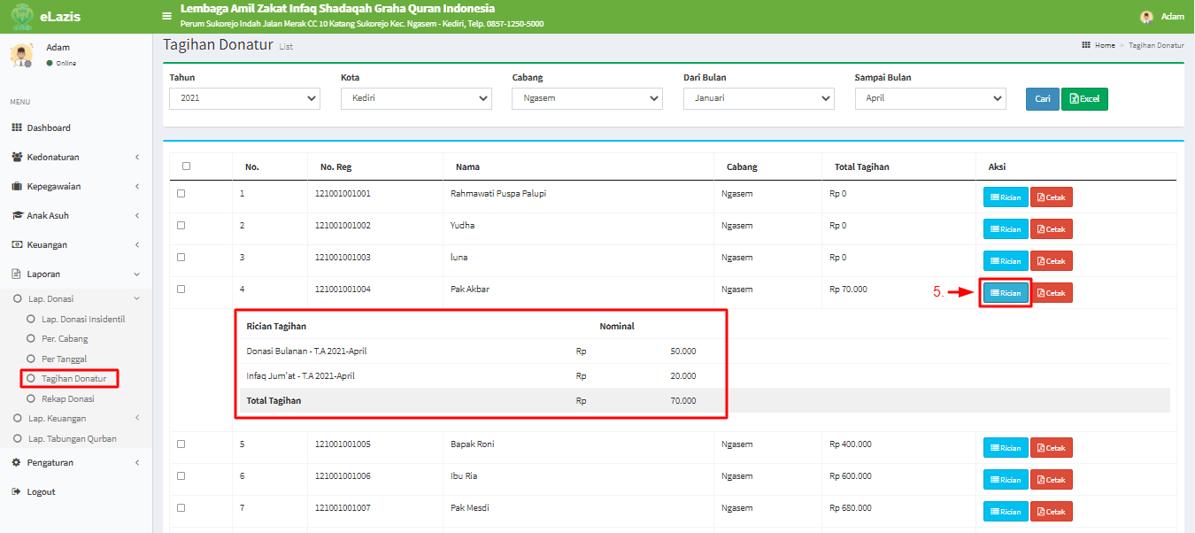 Cara Laporan Tagihan Donatur Laporan Pusat Tutorial eLazis
