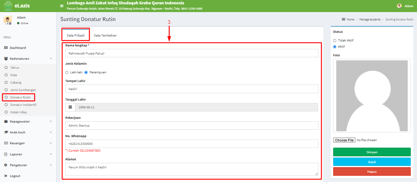 Langkah 2 Cara Edit & Hapus Donatur Rutin Pusat Tutorial eLazis
