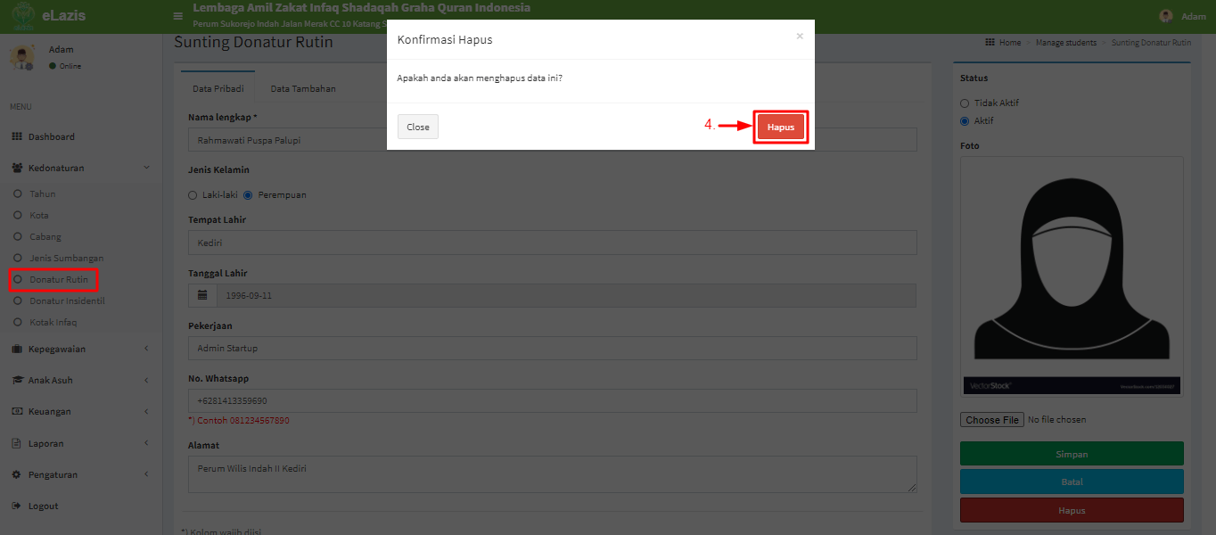Langkah 2 Cara Edit & Hapus Donatur Rutin Pusat Tutorial eLazis