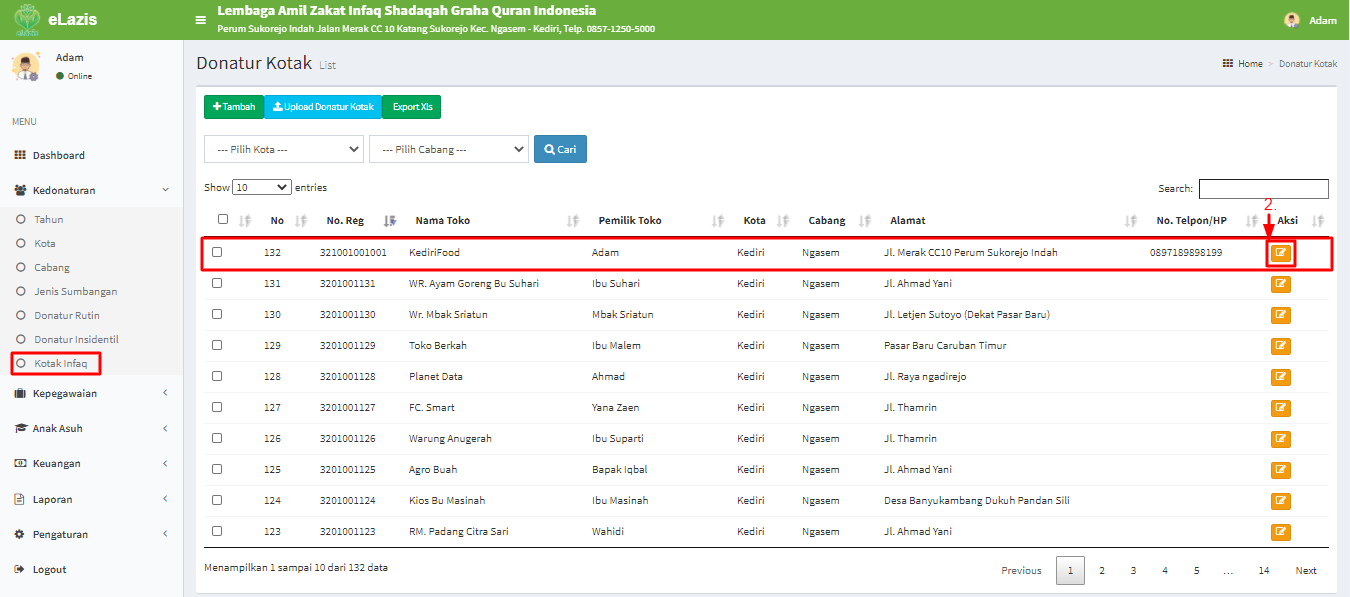 Langkah 2 Cara Edit & Hapus Donatur Kotak Infaq Pusat Tutorial ePanti