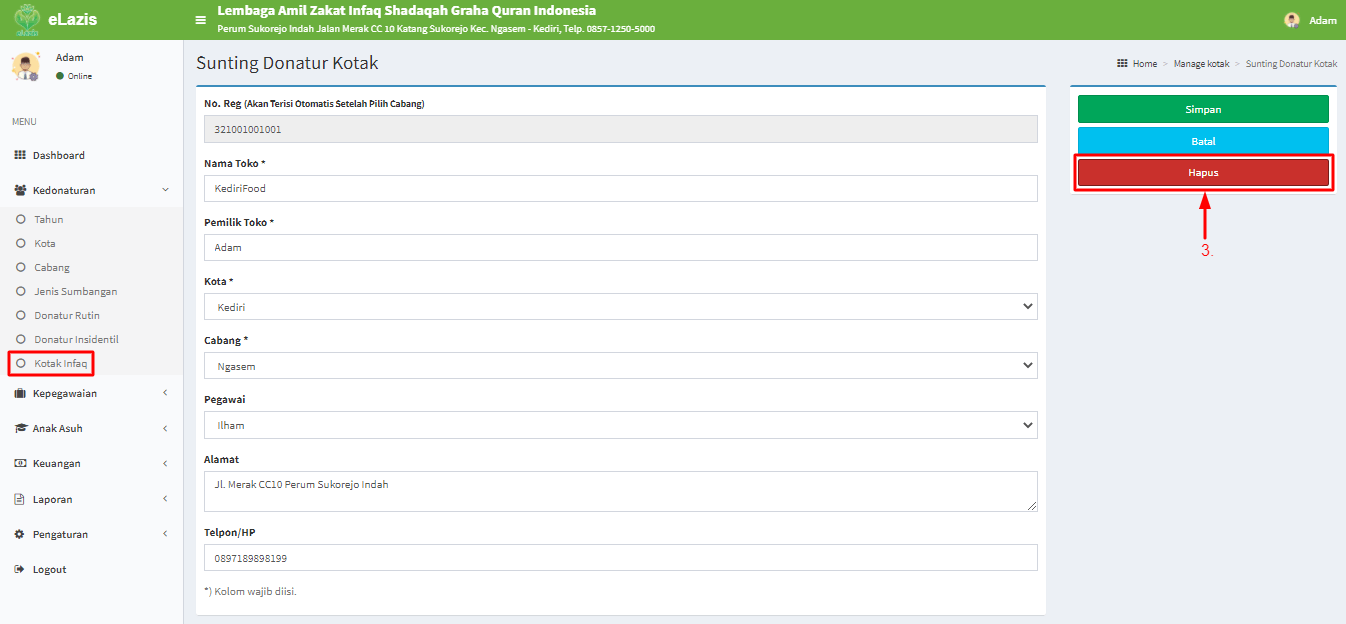 Langkah 2 Cara Edit & Hapus Donatur Kotak Infaq Pusat Tutorial ePanti