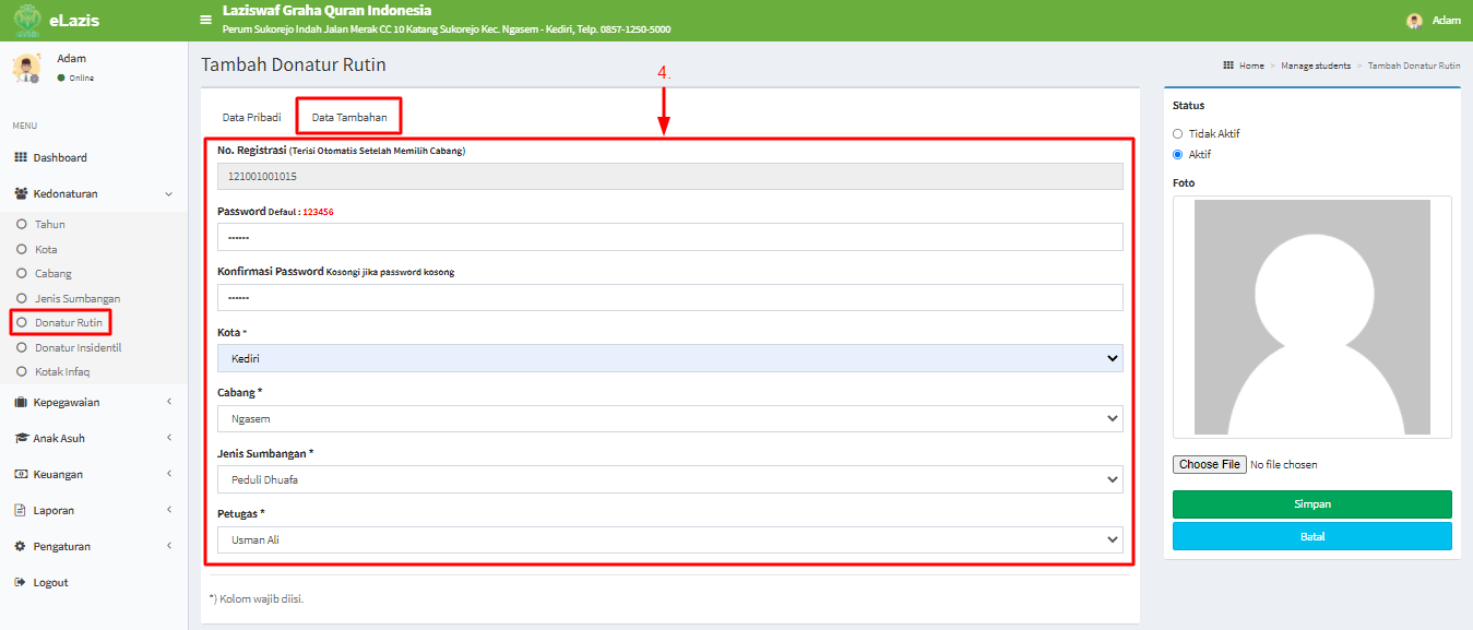Langkah 1 Cara Tambah Donatur Rutin Pusat Tutorial eLazis