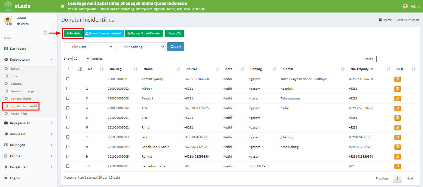 Langkah 1 Cara Tambah Donatur Insidentil Pusat Tutorial eLazis