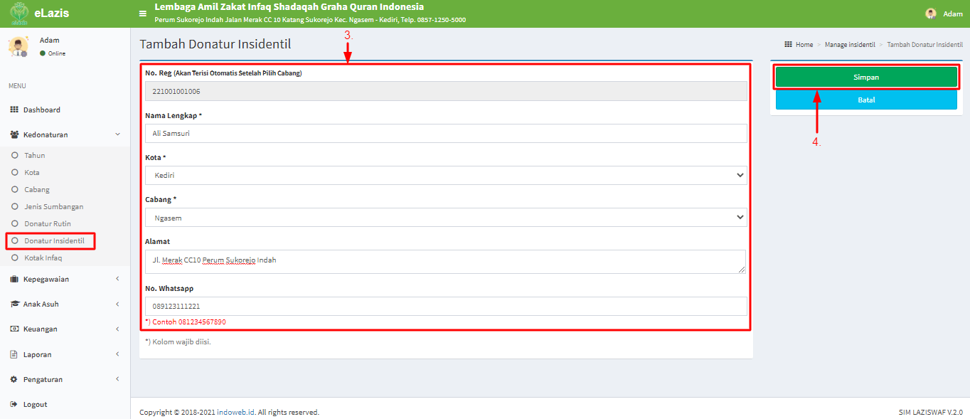 Langkah 1 Cara Tambah Donatur Insidentil Pusat Tutorial eLazis