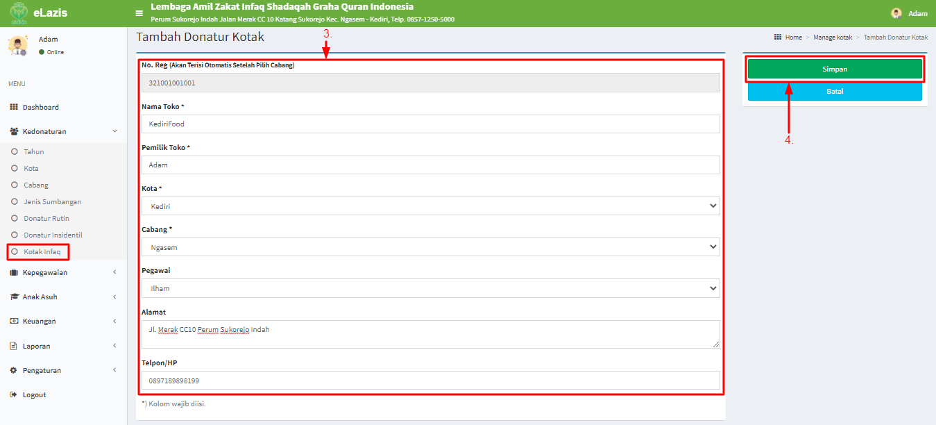 Langkah 1 Cara Tambah Donatur Kotak Infaq Pusat Tutorial ePanti